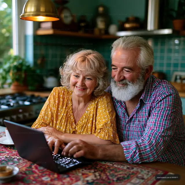 Couple using laptop together at home kitchen table
