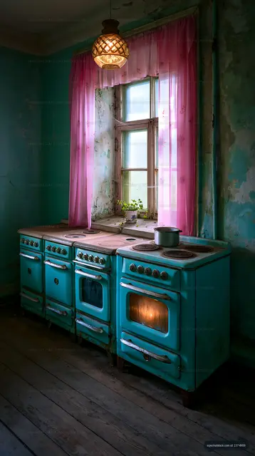 Blue vintage kitchen with old stoves and window
