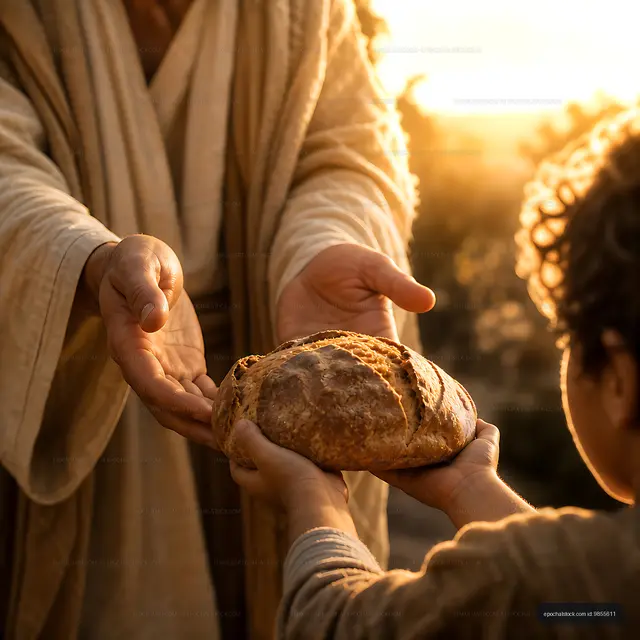 Sharing bread at sunset in a warm rural setting