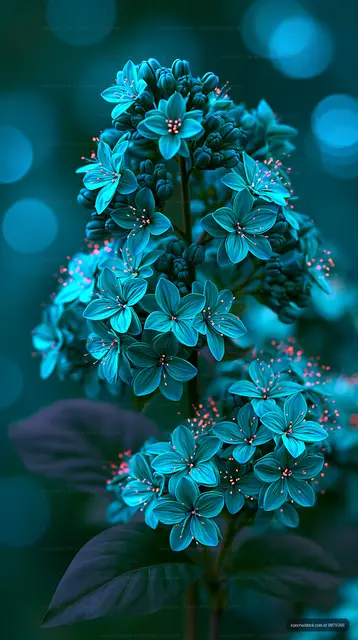 Blue flowers with green leaves in a blurred background