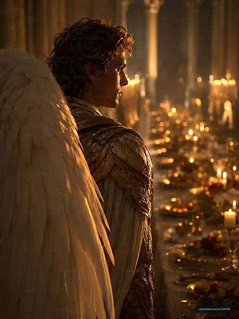 Angel standing in a grand hall during a candlelit dinner