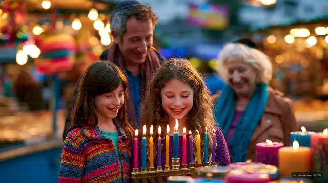 Family gathers to celebrate as children light candles at a market