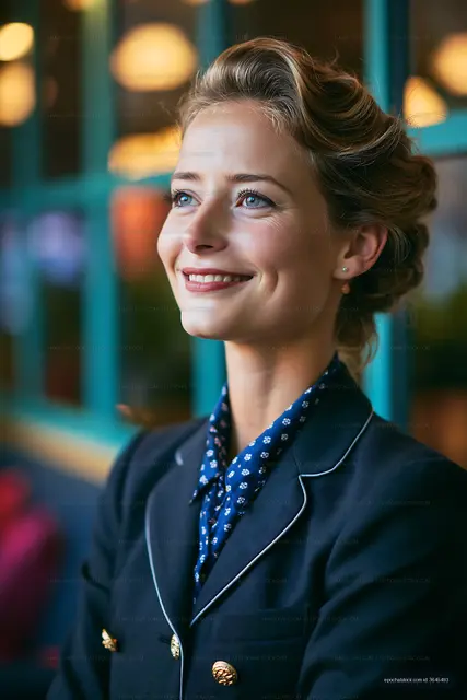 Smiling woman in a cafe with blue decor