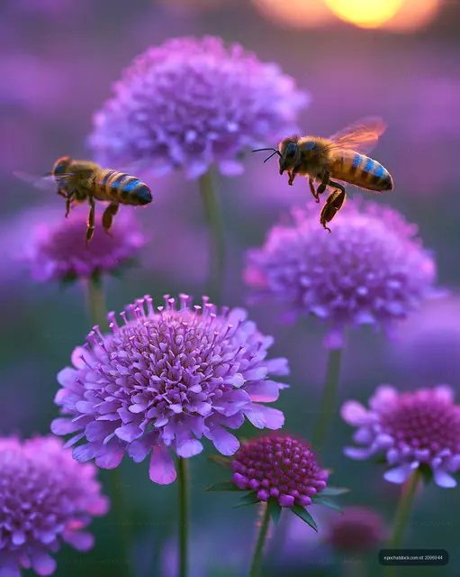 Bees hover over purple flowers at sunset