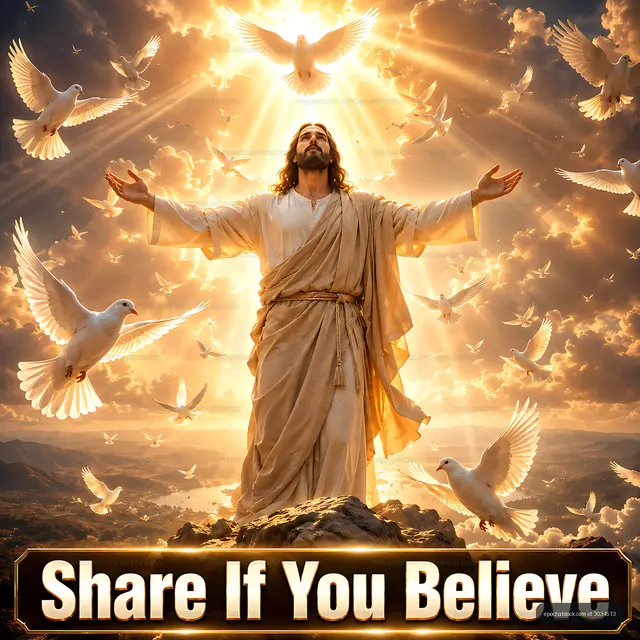 Jesus with open arms surrounded by doves in a bright sky