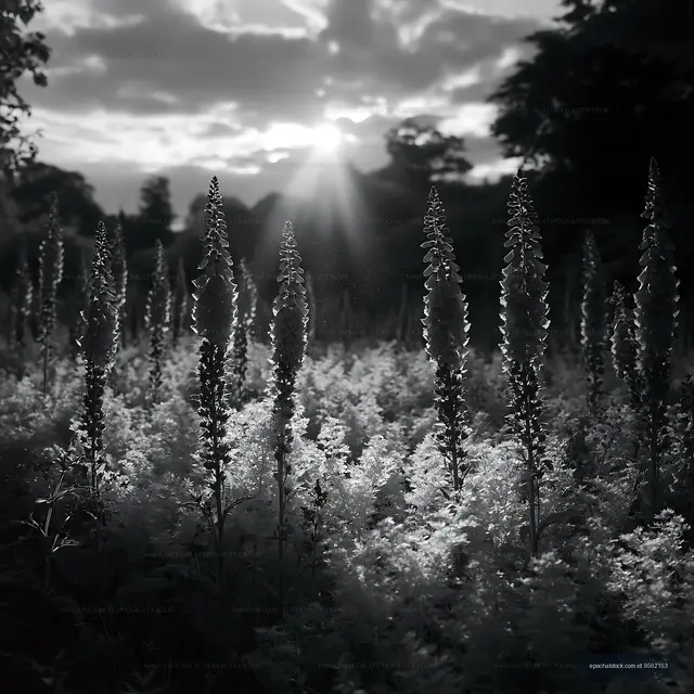 Flowers in a field during sunrise with a cloudy sky