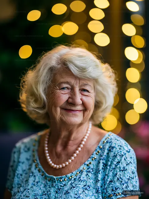 Smiling elderly woman with pearls and bokeh lights in background