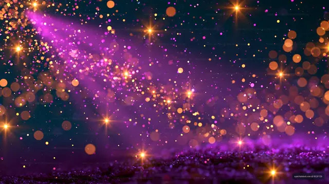 Purple and gold sparkles with light streaks in dark background