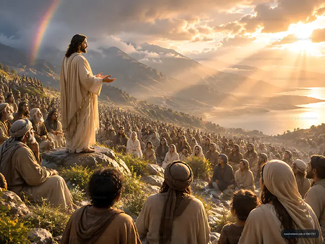 Jesus teaches a large crowd during a sunset gathering