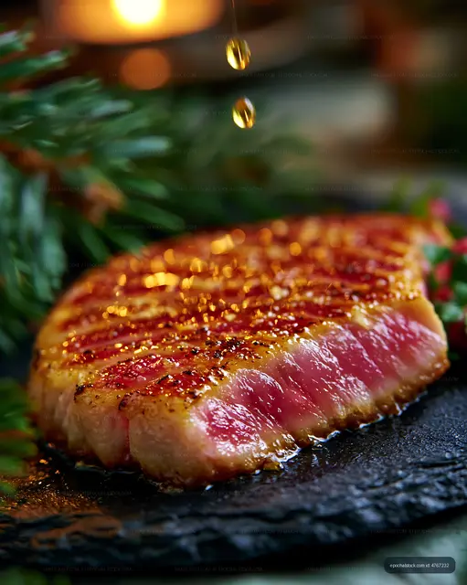 Grilled steak with seasoning on a black stone plate