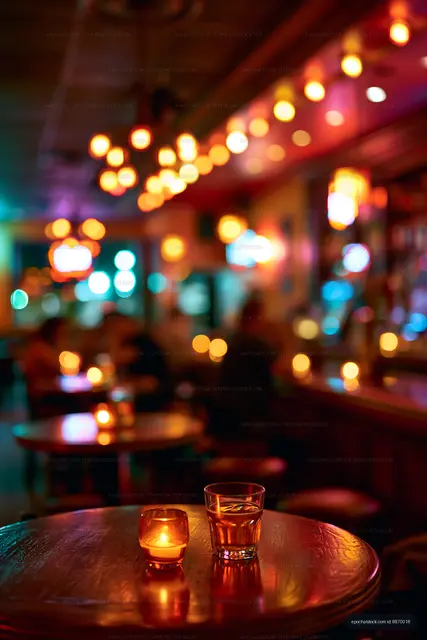 Bar scene with colorful lights and drinks on tables