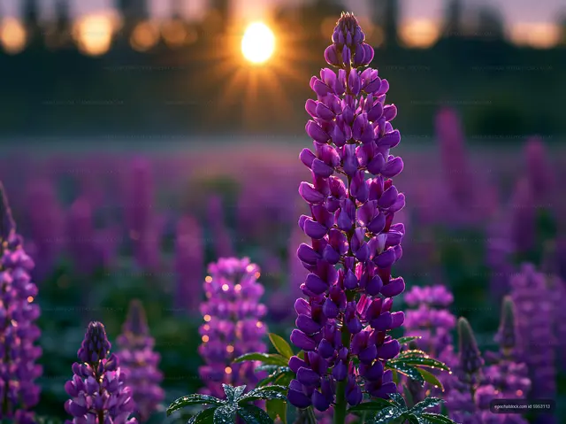 Purple lupines blooming at sunset in a vibrant field