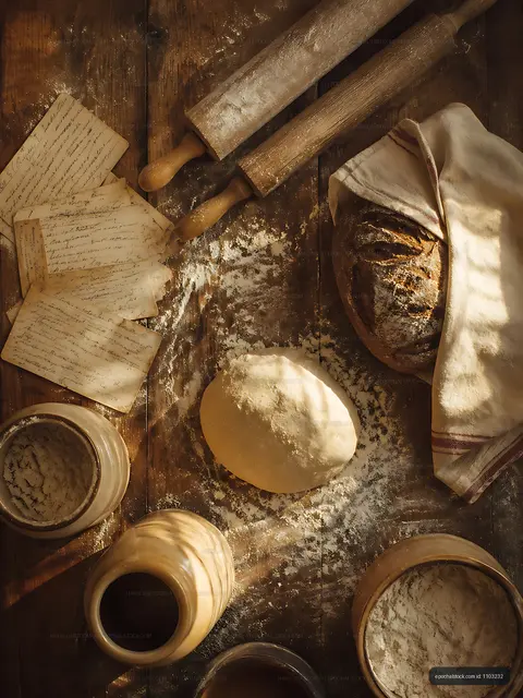 Baking bread with rolling pins and flour on a wooden table
