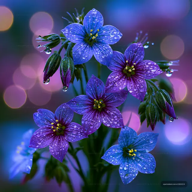 Colorful flowers with droplets in a garden at dusk