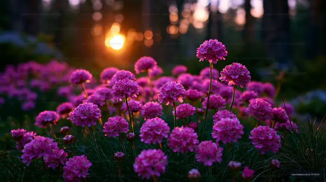 Flowers blooming at sunset in a forest setting