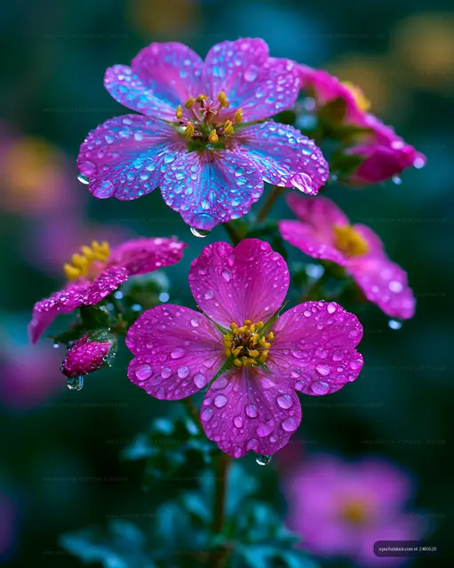 Pink flowers with water droplets after rain in garden