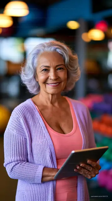 Senior woman smiling and holding tablet in colorful store