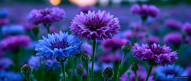 Colorful flowers bloom in a field during sunset
