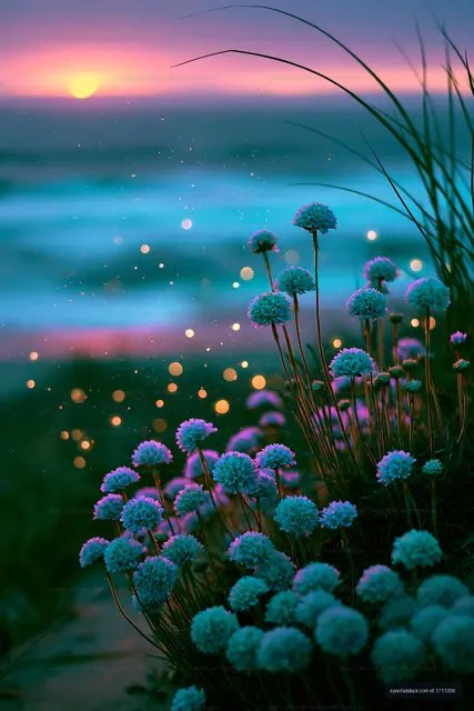 Flowers by the shore at sunset with soft waves in the background