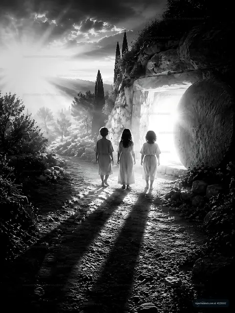Children walking toward a bright entrance in a rocky landscape