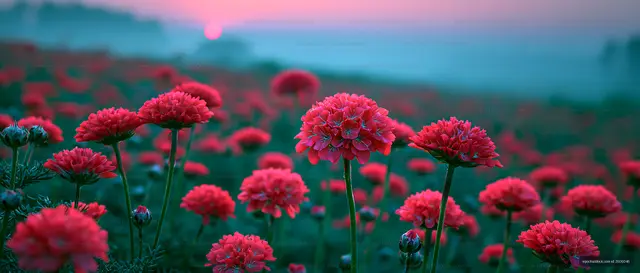 Vibrant flowers blooming in a field at sunrise