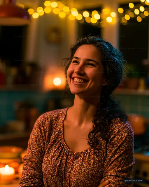 Woman smiling in a cozy kitchen with warm lights at night