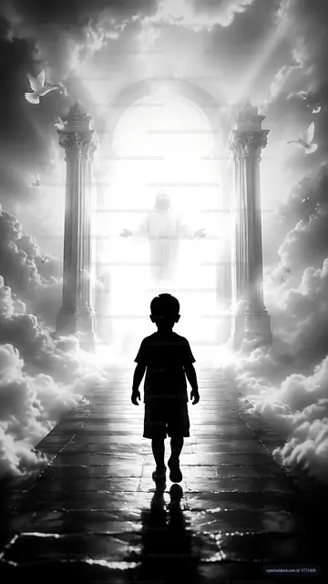 Child walking towards light at the end of a cloud-filled pathway