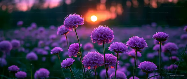 Vibrant purple flowers blooming at sunset in a field
