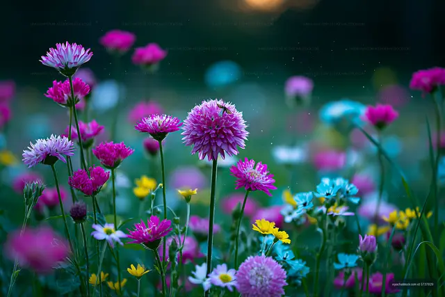 Colorful wildflowers blooming in a field during sunset