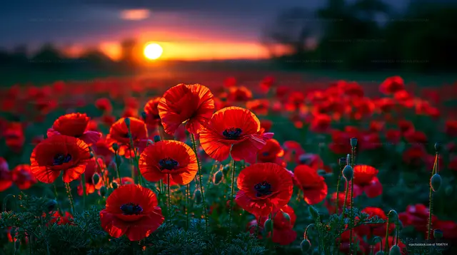 Bright red poppies bloom at sunset in a vibrant field