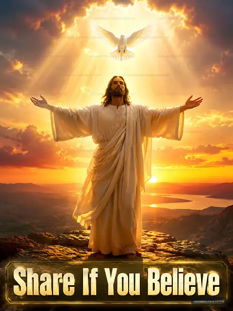 Jesus with open arms and dove above in sunset sky