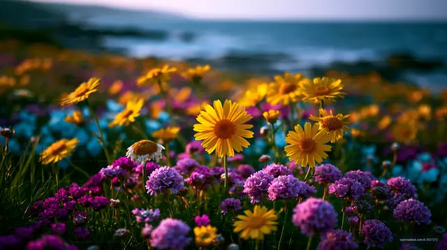 Colorful flowers bloom by the seaside during sunset