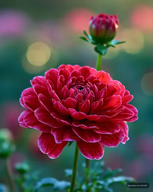 Red flower blooming in a garden with a bud in the background