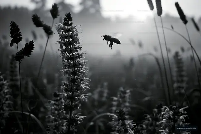 Bee hovering near flowers in a misty field