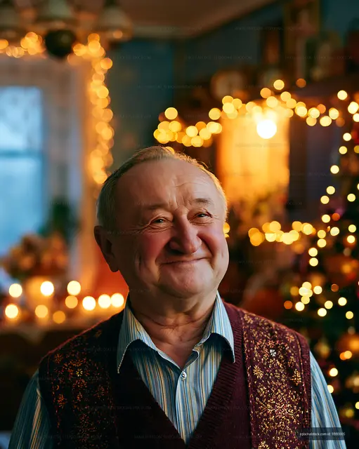 Smiling elderly man in cozy room with holiday lights