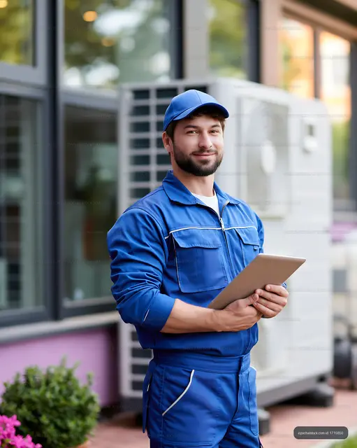 Service technician in blue uniform using tablet outside
