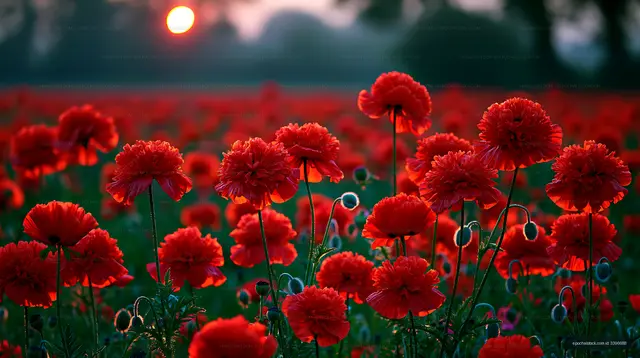 Bright red flowers bloom in a field during sunset