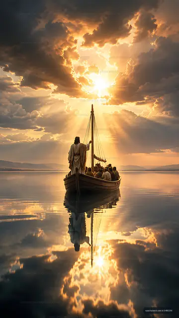 Boat journey at sunset with figures on a calm water surface