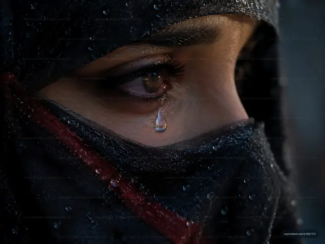 Woman's eye with tear wearing a black scarf