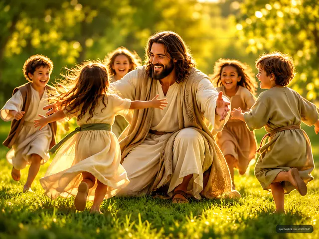 Children running towards a man in a sunny outdoor setting