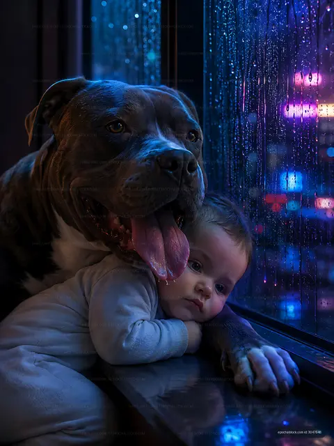 Dog and baby looking out at rain on a window in a city