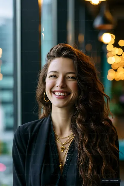 Portrait of a woman smiling by a large window in a cafe