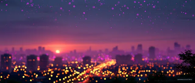 City skyline during sunset with lights in the foreground