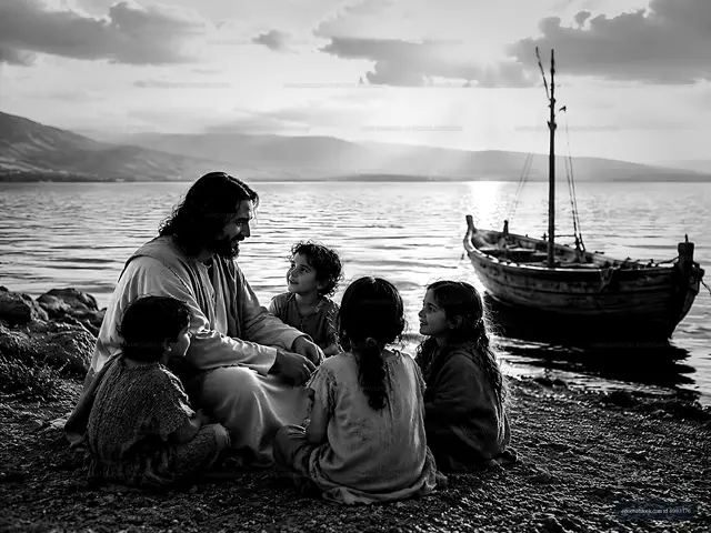 Man sits with children by the water at sunset near a boat