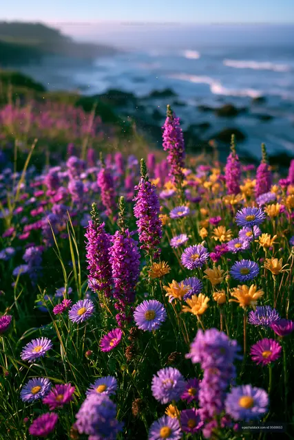 Colorful wildflowers by the ocean at sunset