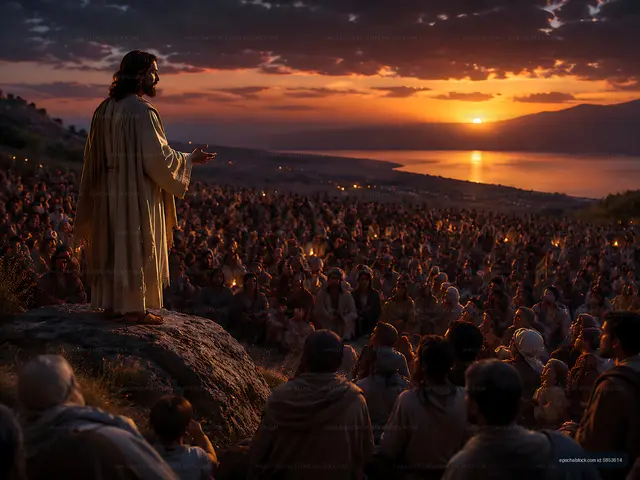 Jesus speaking to a large crowd at sunset by a lake