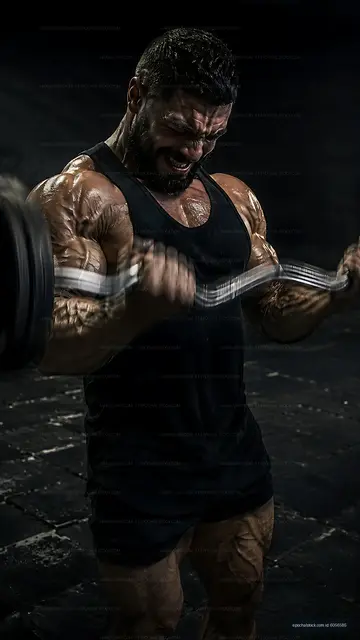 Man lifting weights in a dark gym setting