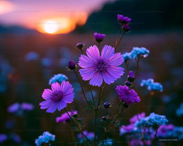 Purple flowers in a field during sunset