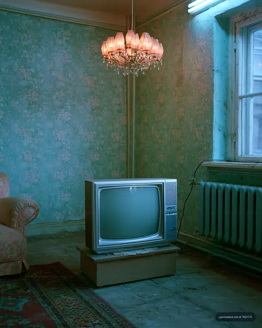 Old television set in a vintage room with a chandelier