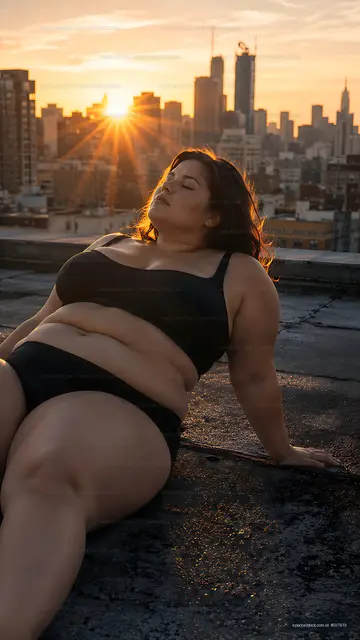 Woman relaxing on rooftop at sunset in urban city